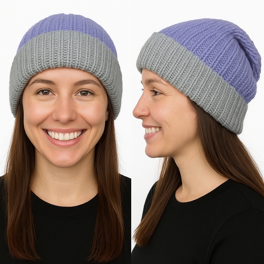 Handcrafted Reversible Knit Hat in Grey & Periwinkle